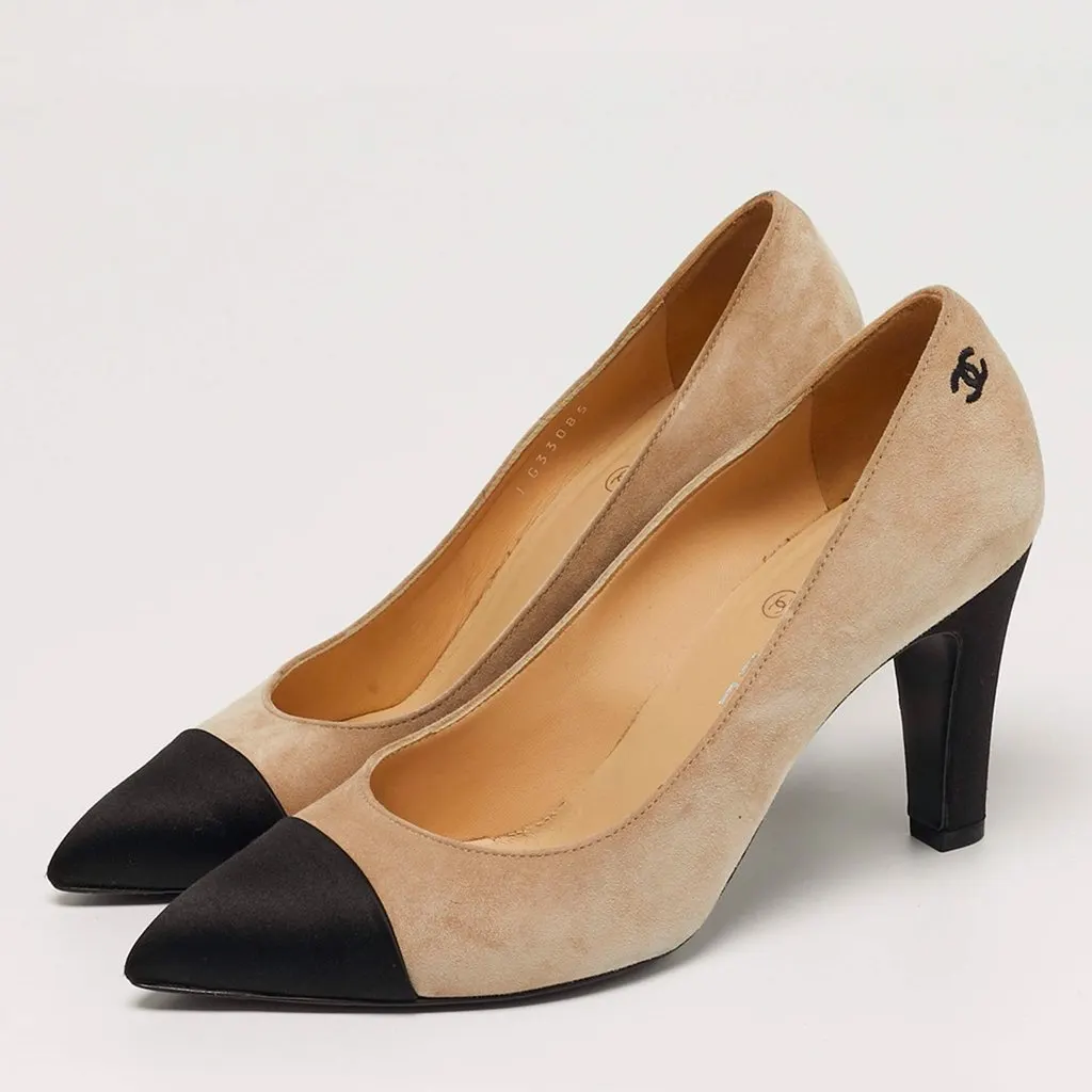 Chanel Chanel CC Size 38 Black/Beige Satin and Suede Pumps Beige Leather Very good - Box View