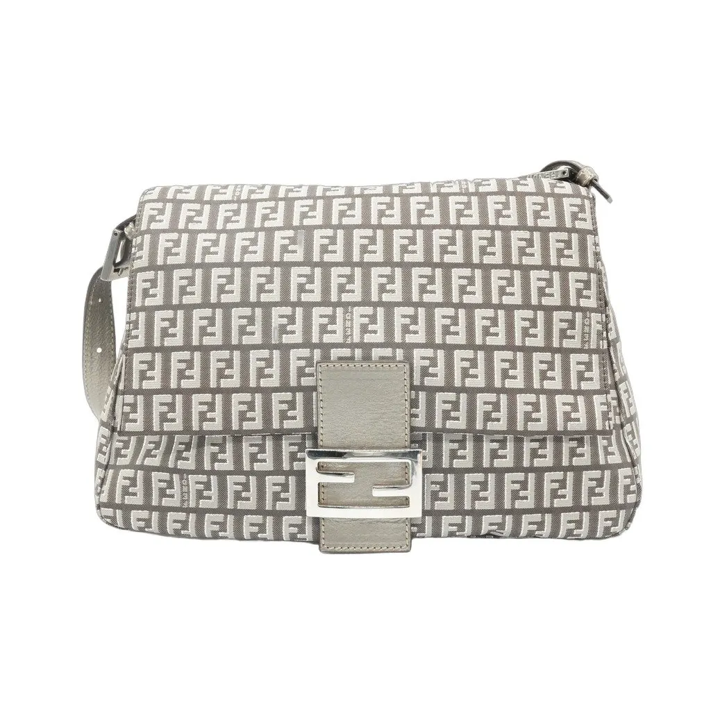 Fendi Zucchino Grey/Silver Shoulder Bag Grey Canvas Good - Front View