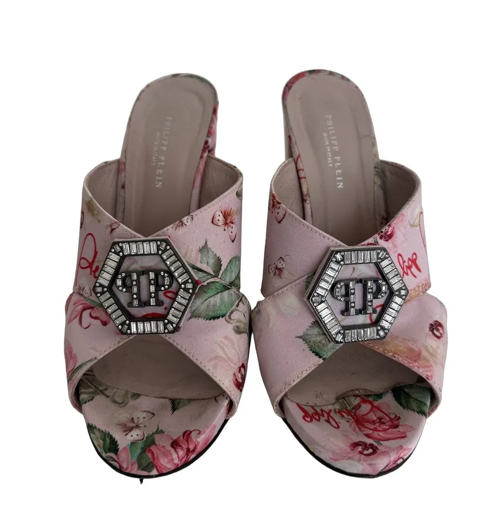 Philipp Plein Philipp Plein Floral Print Open-Toe Heeled Mules Pink Silk Very good - Front View
