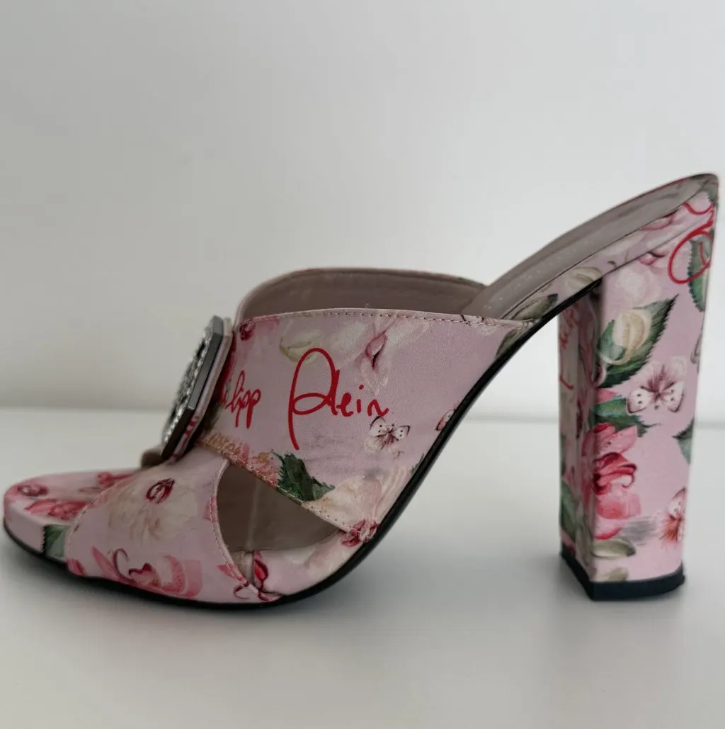 Philipp Plein Philipp Plein Floral Print Open-Toe Heeled Mules Pink Silk Very good - Inside View