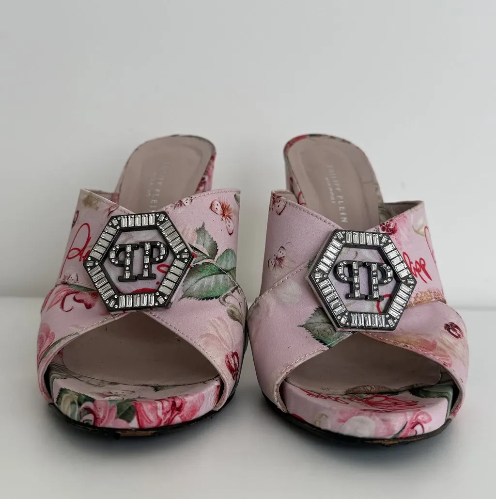 Philipp Plein Philipp Plein Floral Print Open-Toe Heeled Mules Pink Silk Very good - Model View
