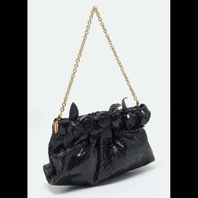 Valentino Python Leather Fleur Clutch Black Leather Good - Back View