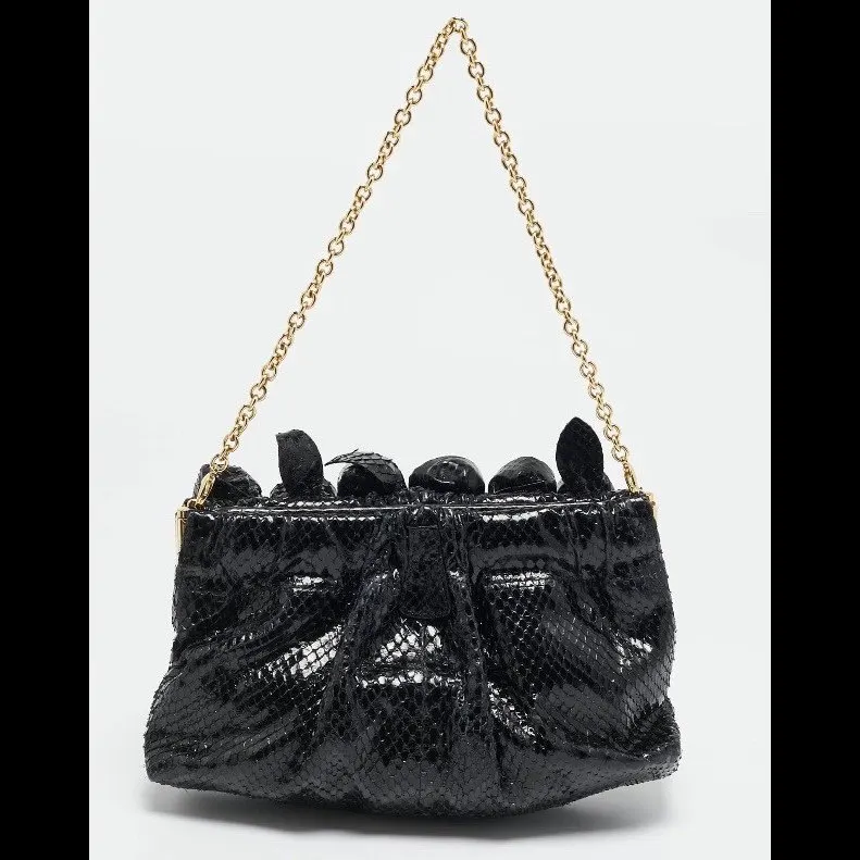 Valentino Python Leather Fleur Clutch Black Leather Good - Inside View