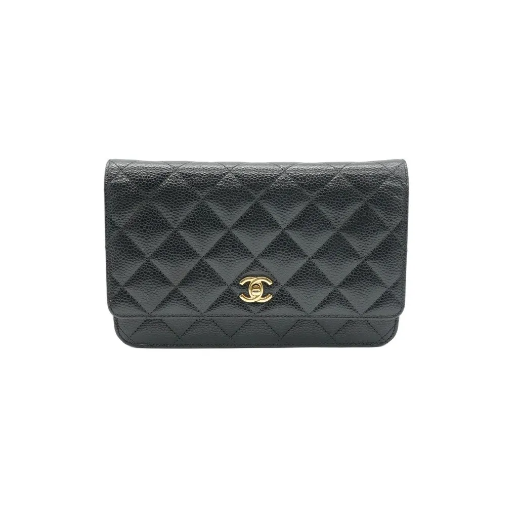 Chanel Wallet on Chain Caviar Leather Black Black Leather Good - Front View