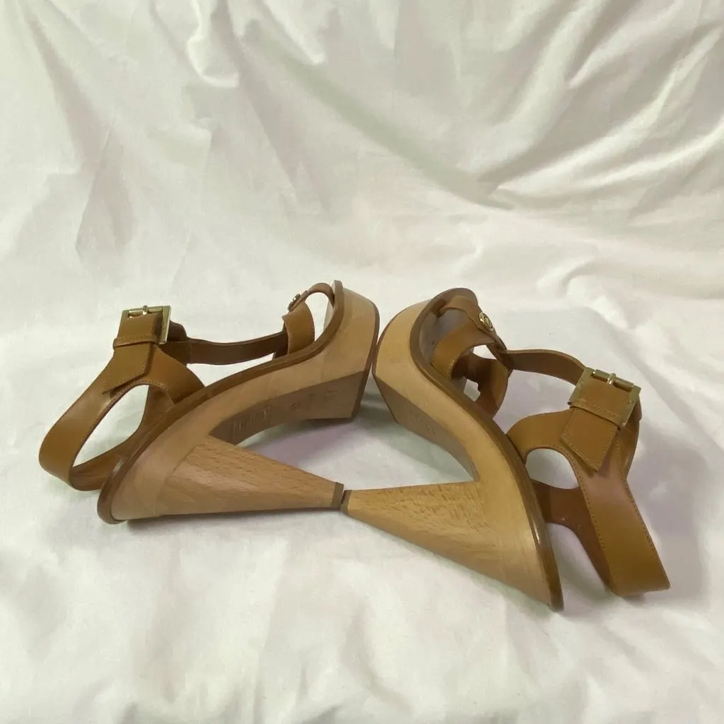 Dior Christian Dior Brown Leather T-Strap Wooden Platform Sandals Size 38 Brown Good - Inside View