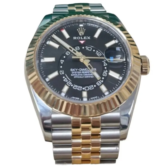 Rolex أصفر Rolesor Sky Dweller ساعة أسود Index Dial Jubilee سوار 42mm