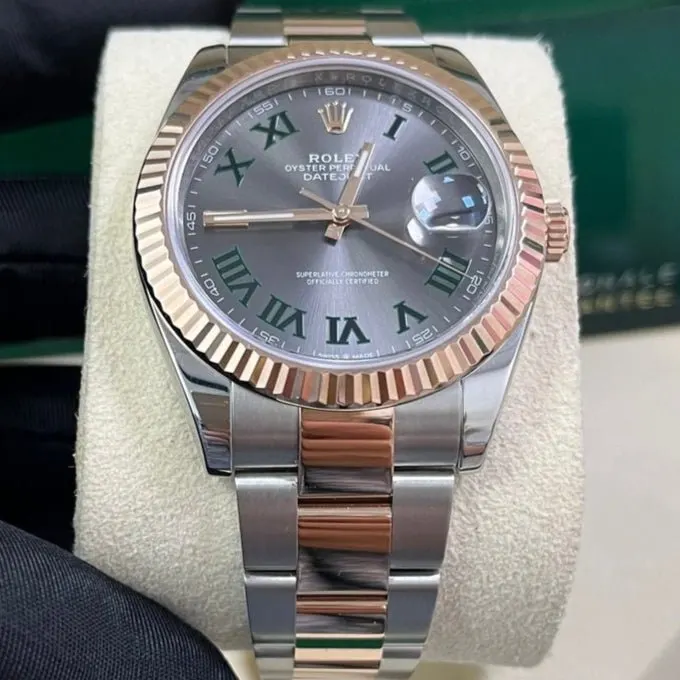 Rolex Steel and Rose Gold Datejust 41mm - Fluted Bezel - Slate Gray Wimbledon Roman Dial (Reference #126331) 41mm Pink Never worn - Box View