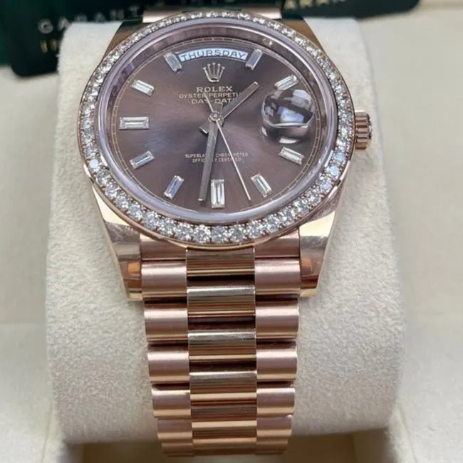Rolex Everose Gold Day-Date 40 Watch - Everose Gold Bezel - Chocolate Baguette Diamond Dial - President Bracelet Pink Never worn - Back View