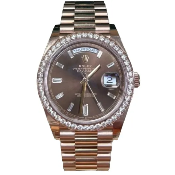 Rolex Everose Gold Day-Date 40 Watch - Everose Gold Bezel - Chocolate Baguette Diamond Dial - President Bracelet Pink Never worn - Front View