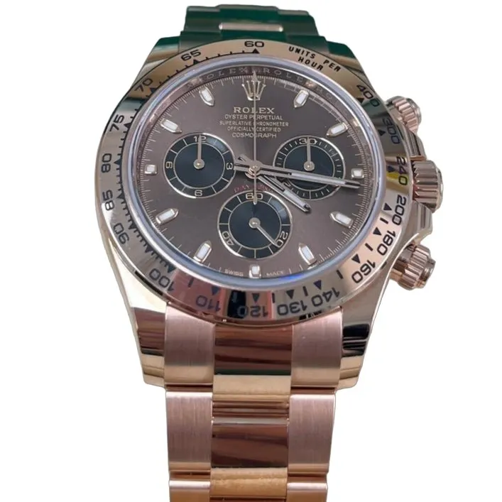 Rolex Everose Gold Cosmograph Daytona 40 Watch - Chocolate and Black Index Dial Pink Never worn - Front View