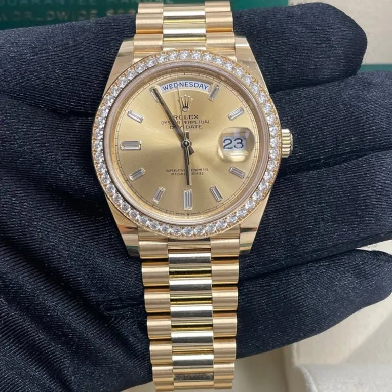 Rolex Yellow Gold Day-Date 40 Watch - Yellow Gold Bezel - Champagne Baguette Diamond Dial - President Bracelet ( Ref# 228348RBR) Silver Never worn - Inside View