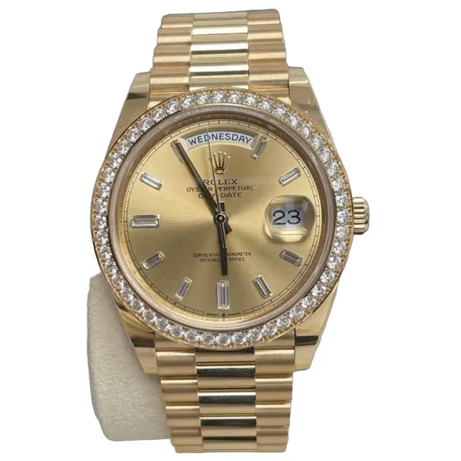 Rolex Yellow Gold Day-Date 40 Watch - Yellow Gold Bezel - Champagne Baguette Diamond Dial - President Bracelet ( Ref# 228348RBR) Silver Never worn - Front View