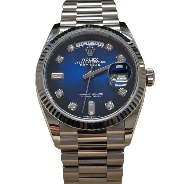 Rolex White Gold Day-Date 36 Watch - Fluted Bezel - Blue Ombre´ Diamond Dial - President Bracelet Silver Never worn - Front View