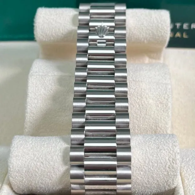 Rolex White Gold Day-Date 40 Watch - Fluted Bezel - Olive Green Bevelled Roman Dial - President Bracelet Green Never worn - Box View