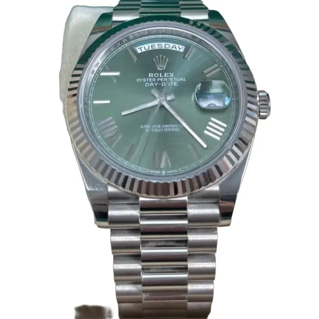 Rolex White Gold Day-Date 40 Watch - Fluted Bezel - Olive Green Bevelled Roman Dial - President Bracelet Green Never worn - Front View