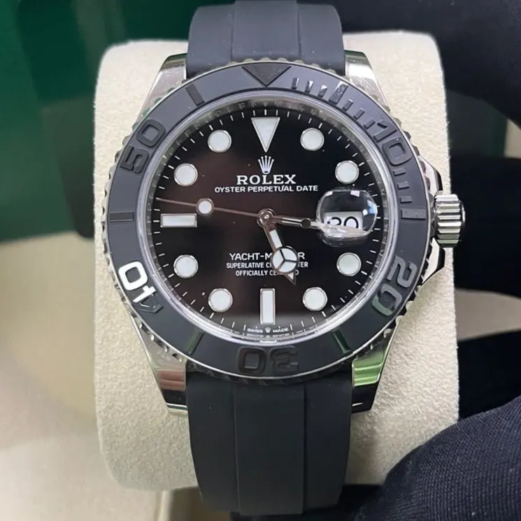 Rolex White Gold Yacht-Master 42 Watch - Black Dial - Oysterflex Strap Black Never worn - Box View