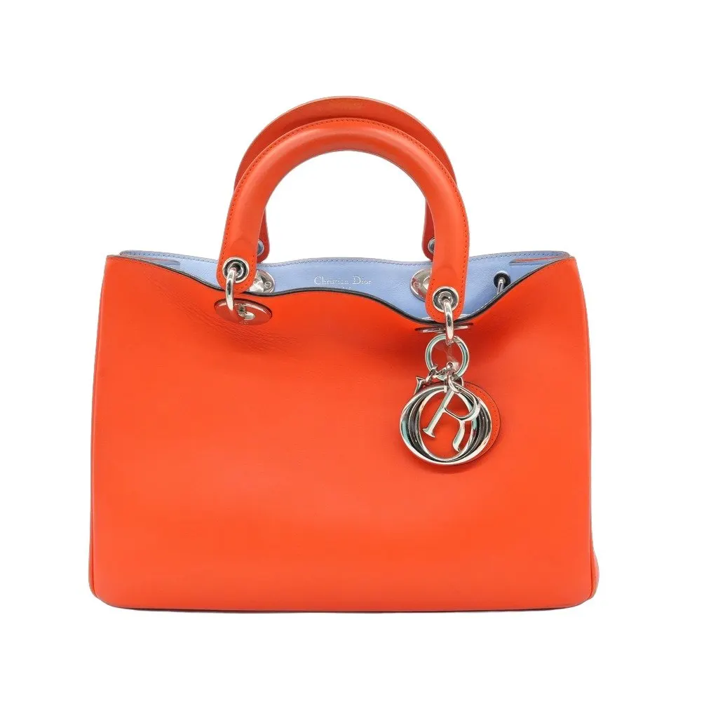 Dior Diorissimo Shopper Tote Large Orange Leather Inner Blue Orange Leather Fair - Front View