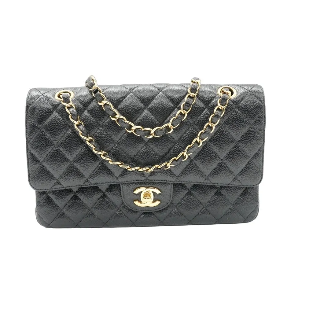 Chanel Classic Double Flap 25 Caviar Black Bag Black Leather Good - Front View