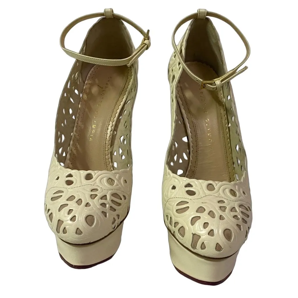 Charlotte Olympia كريمي أبيض Cut Out جلد Scribble Dolores Platform PumpsSiz