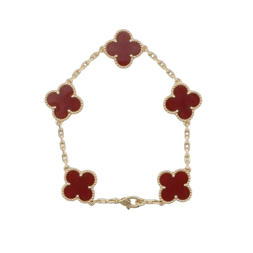 Van Cleef & Arpels Vintage Alhambra Bracelet, 5 Motifs, 18K Yellow Gold, Carnelian 11g