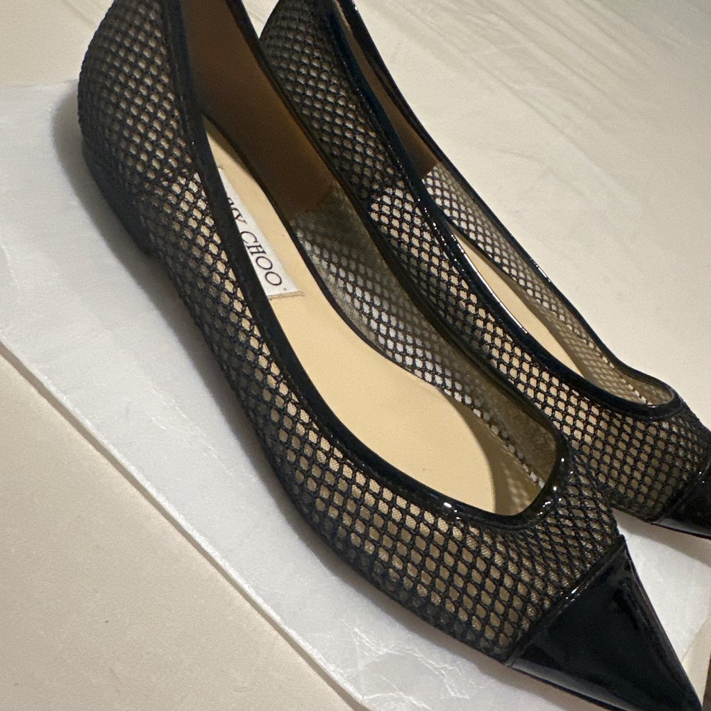 Jimmy Choo Mesh and Patent Cap Black EU 38 Leather