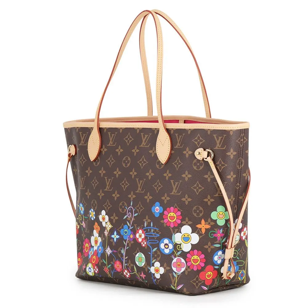 Louis Vuitton LV x Takashi Murakami Neverfull MM Monogram Smiling Flowers Tote Bag Brown Canvas Never worn - Back View