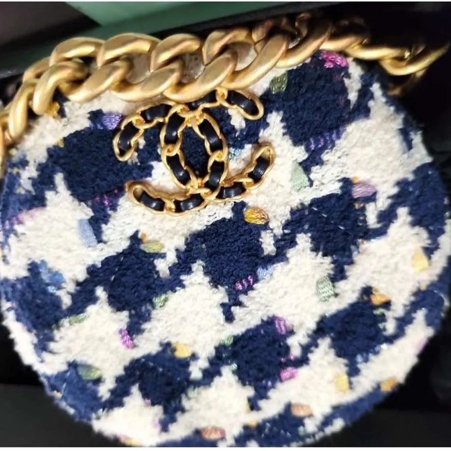 Chanel Tweed 19 Round Bag White Tweed Gold Good - Model View