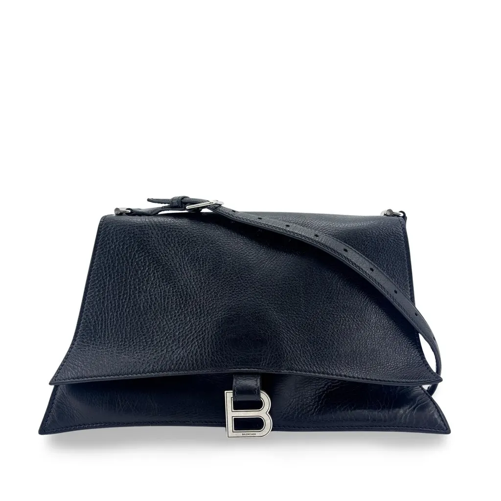 Balenciaga Medium Downtown Shoulder Bag Black Black Leather Good - Front View