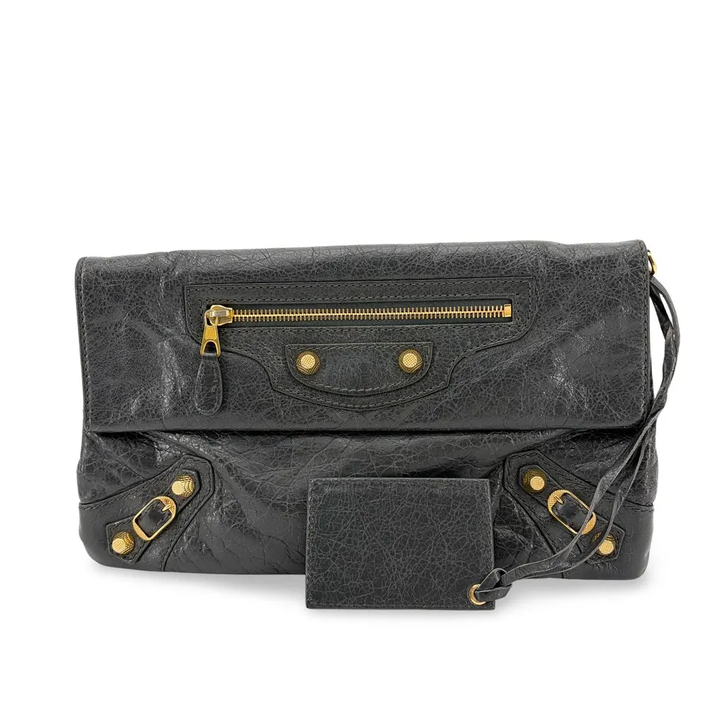 Balenciaga Giant 12 Gold Envelope Clutch Black Black Leather Fair - Front View