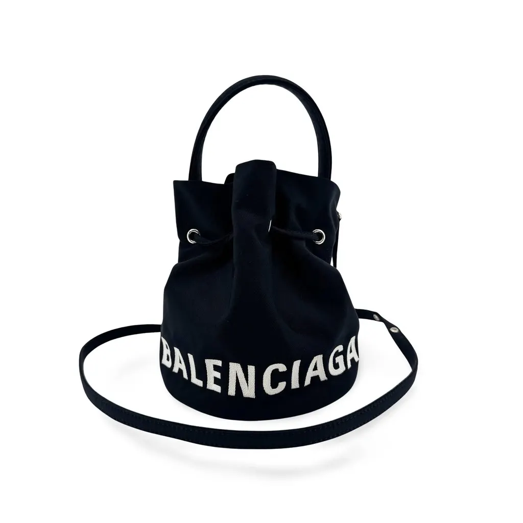 Balenciaga Wheel XS Drawstring Bucket Bag Black Black Canvas Very good - Front View