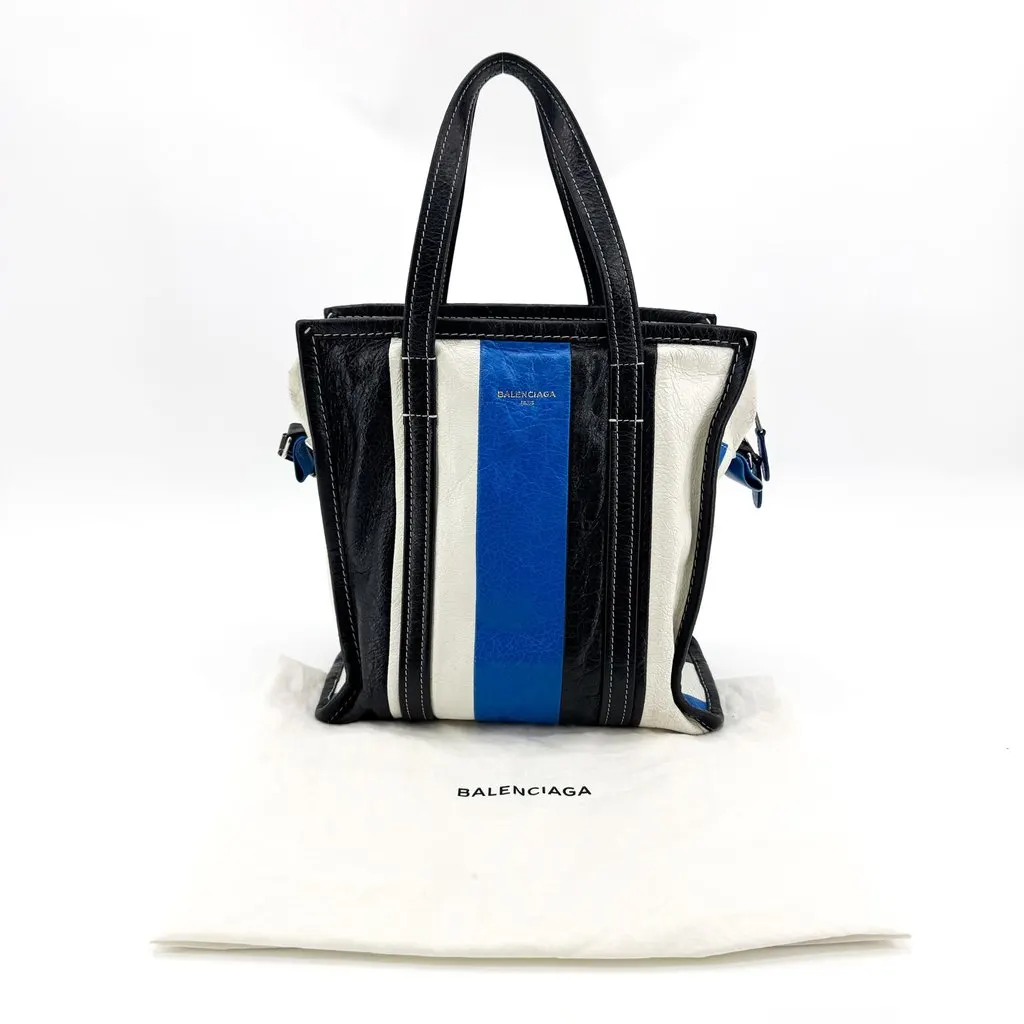 Balenciaga Bazar Shopper XS Black White Blue Stripe Black Leather Good - Back View