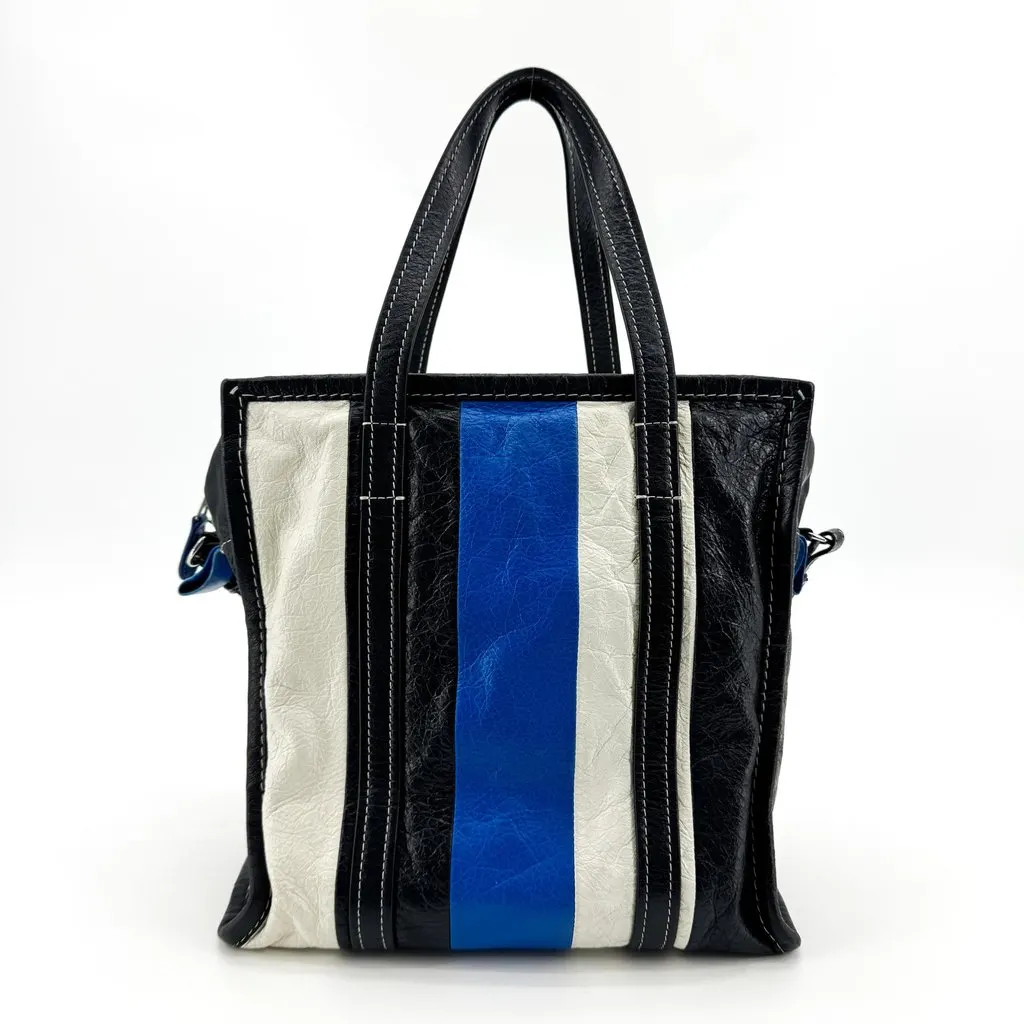 Balenciaga Bazar Shopper XS Black White Blue Stripe Black Leather Good - Inside View