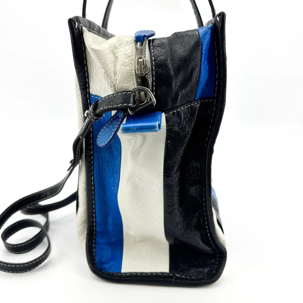 Balenciaga Bazar Shopper XS Black White Blue Stripe Black Leather Good - Model View