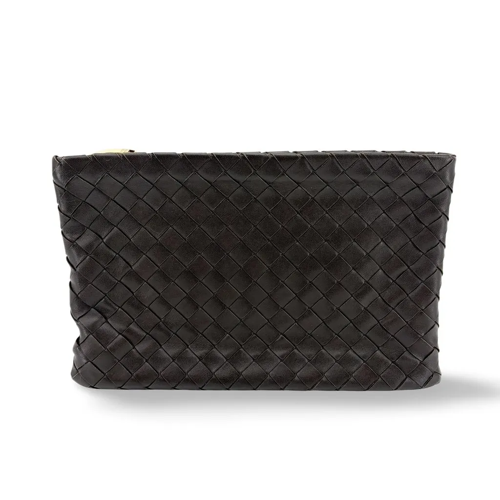 Bottega Veneta Intrecciato Leather Medium Clutch Espresso Brown Leather Good - Front View