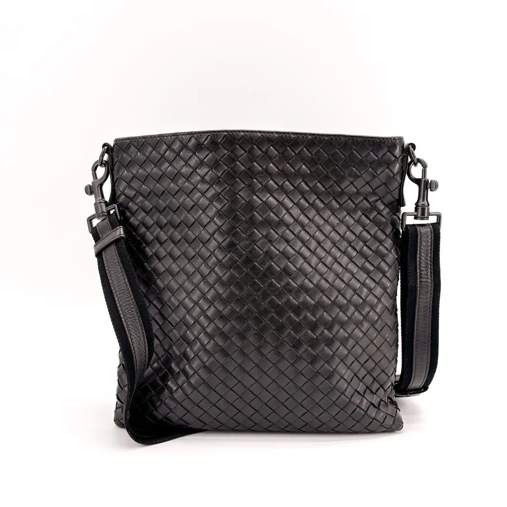 Bottega Veneta Intrecciato Messenger Bag Black Black Leather Good - Back View