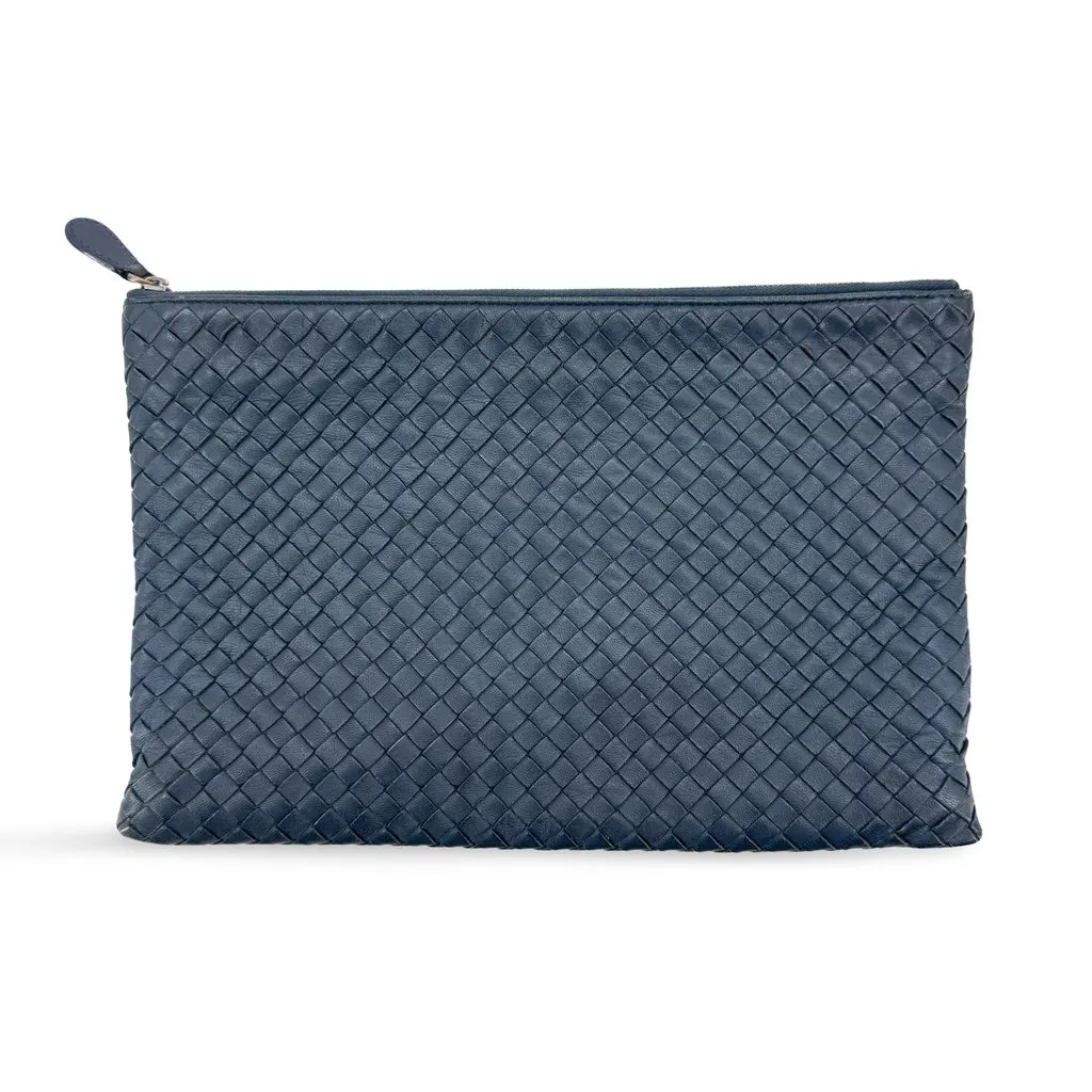 Bottega Veneta Intrecciato Leather Clutch Bag Navy Navy Leather Fair - Front View