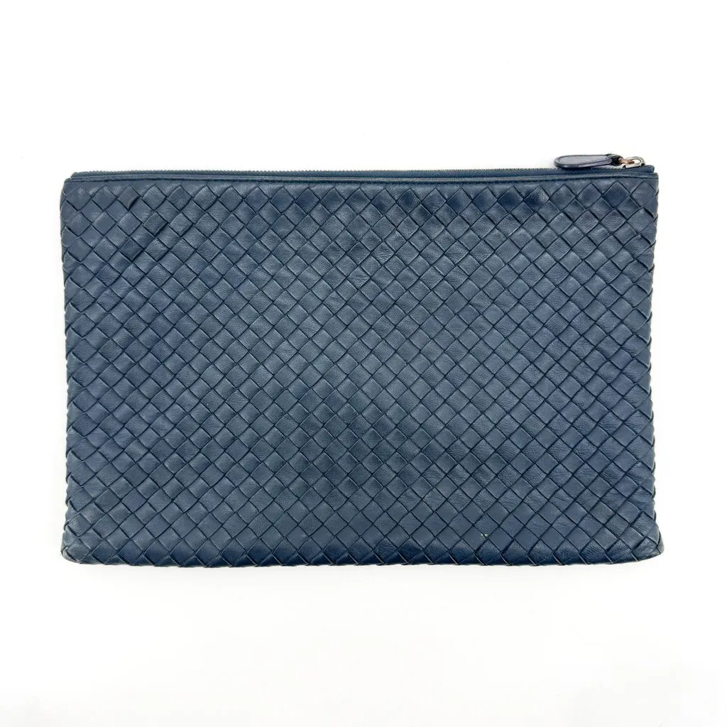 Bottega Veneta Intrecciato Leather Clutch Bag Navy Navy Leather Fair - Back View