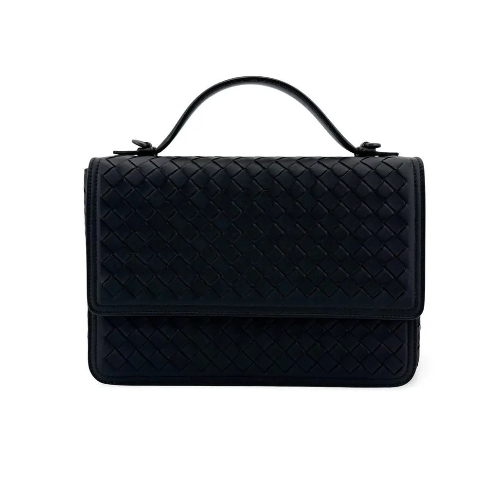 Bottega Veneta Intrecciato Top Handle Flap Bag Black Black Leather Very good - Front View