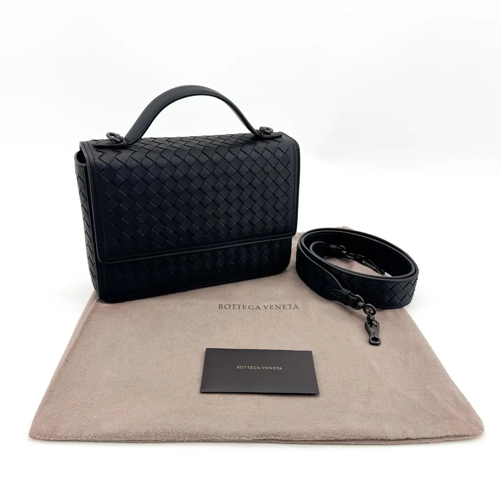 Bottega Veneta Intrecciato Top Handle Flap Bag Black Black Leather Very good - Back View