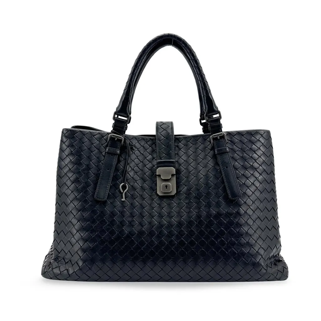 Bottega Veneta Small Intrecciato Roma Bag Black Black Leather Good - Front View