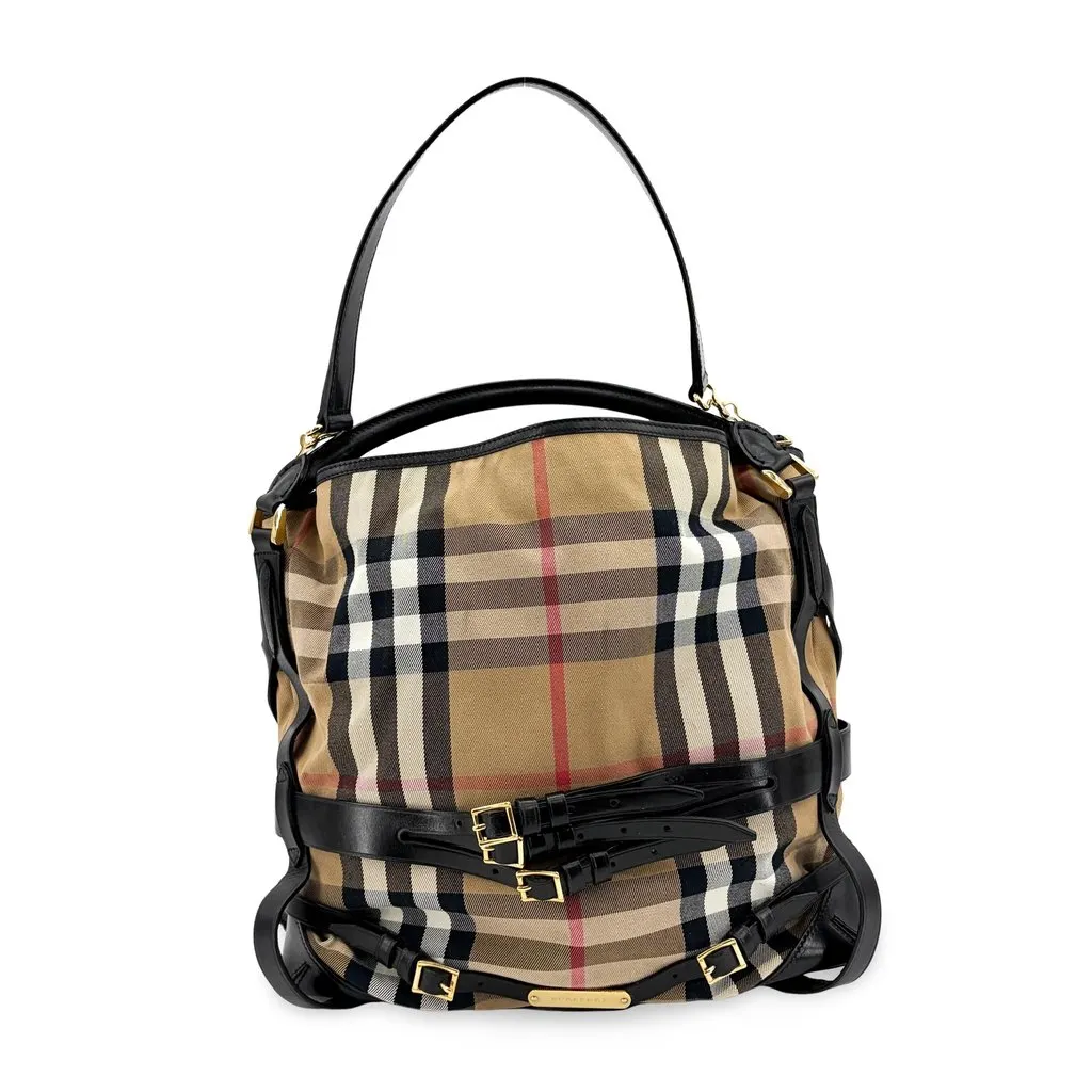 Burberry Medium Haymarket Check Buckle Hobo Bag Beige Black MultiColor Canvas Good - Front View