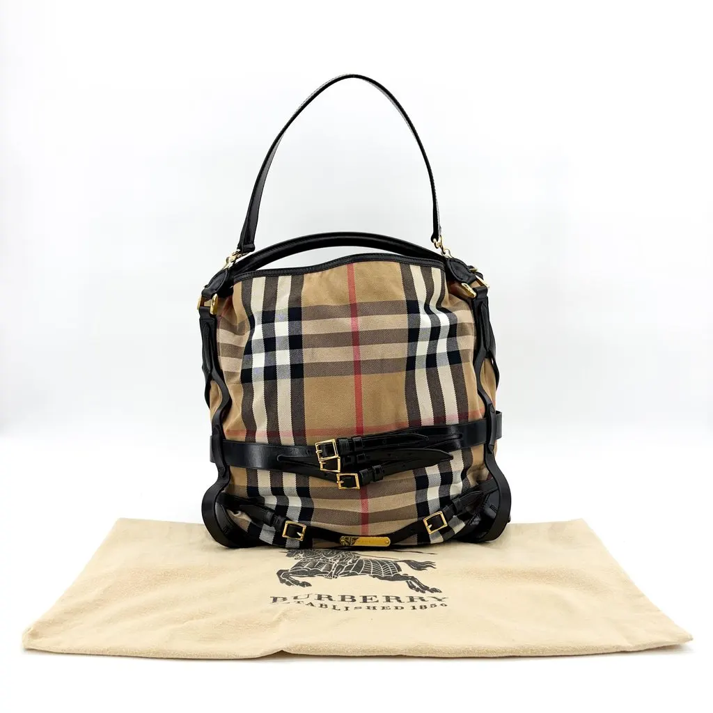 Burberry Medium Haymarket Check Buckle Hobo Bag Beige Black MultiColor Canvas Good - Back View