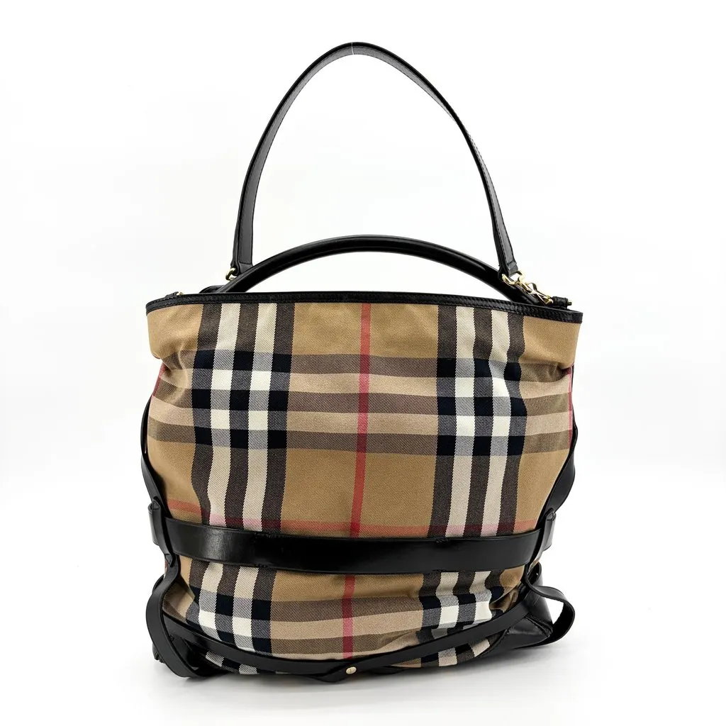 Burberry Medium Haymarket Check Buckle Hobo Bag Beige Black MultiColor Canvas Good - Inside View