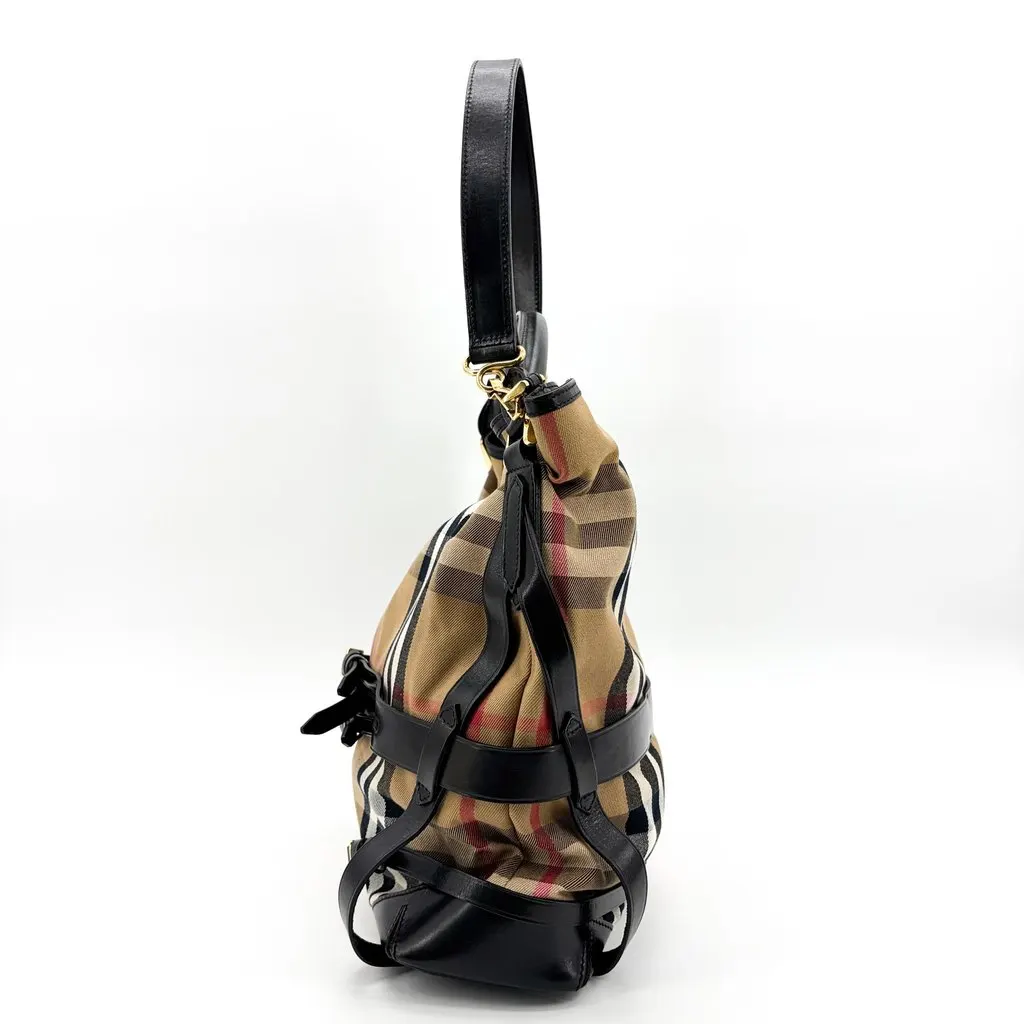 Burberry Medium Haymarket Check Buckle Hobo Bag Beige Black MultiColor Canvas Good - Model View