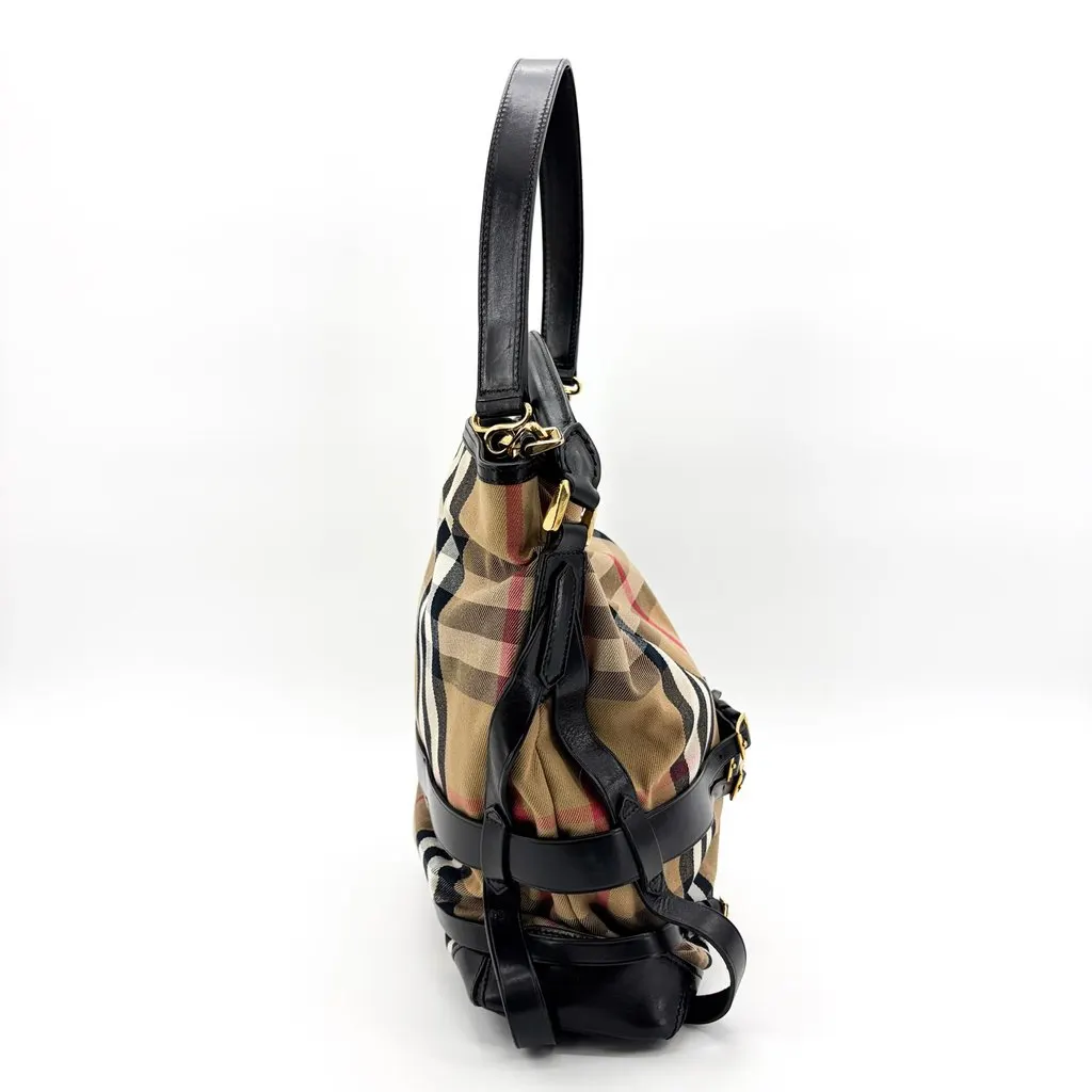 Burberry Medium Haymarket Check Buckle Hobo Bag Beige Black MultiColor Canvas Good - Box View