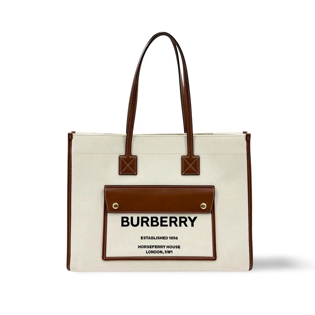 Burberry Medium Horseferry Print Canvas Freya Tote Bag Natural/Tan Beige Canvas Good - Front View