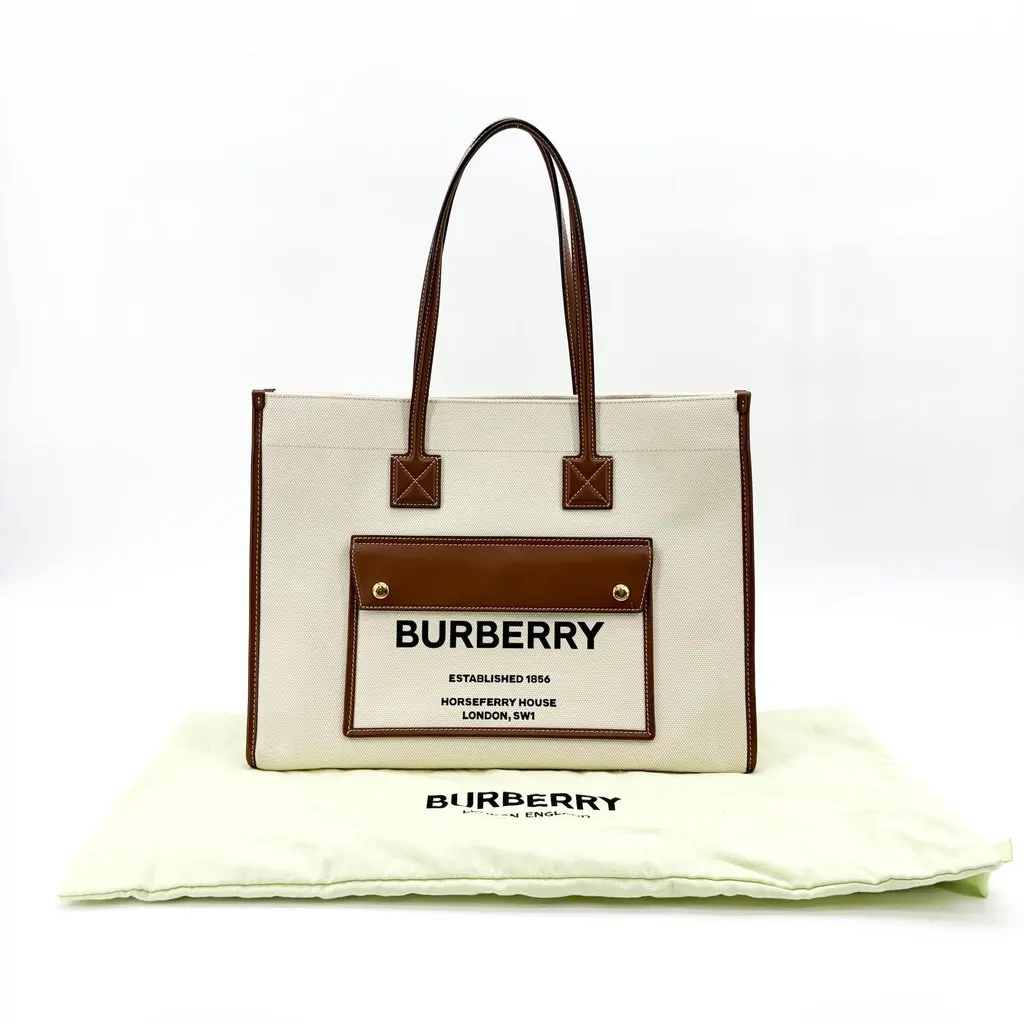 Burberry Medium Horseferry Print Canvas Freya Tote Bag Natural/Tan Beige Canvas Good - Back View