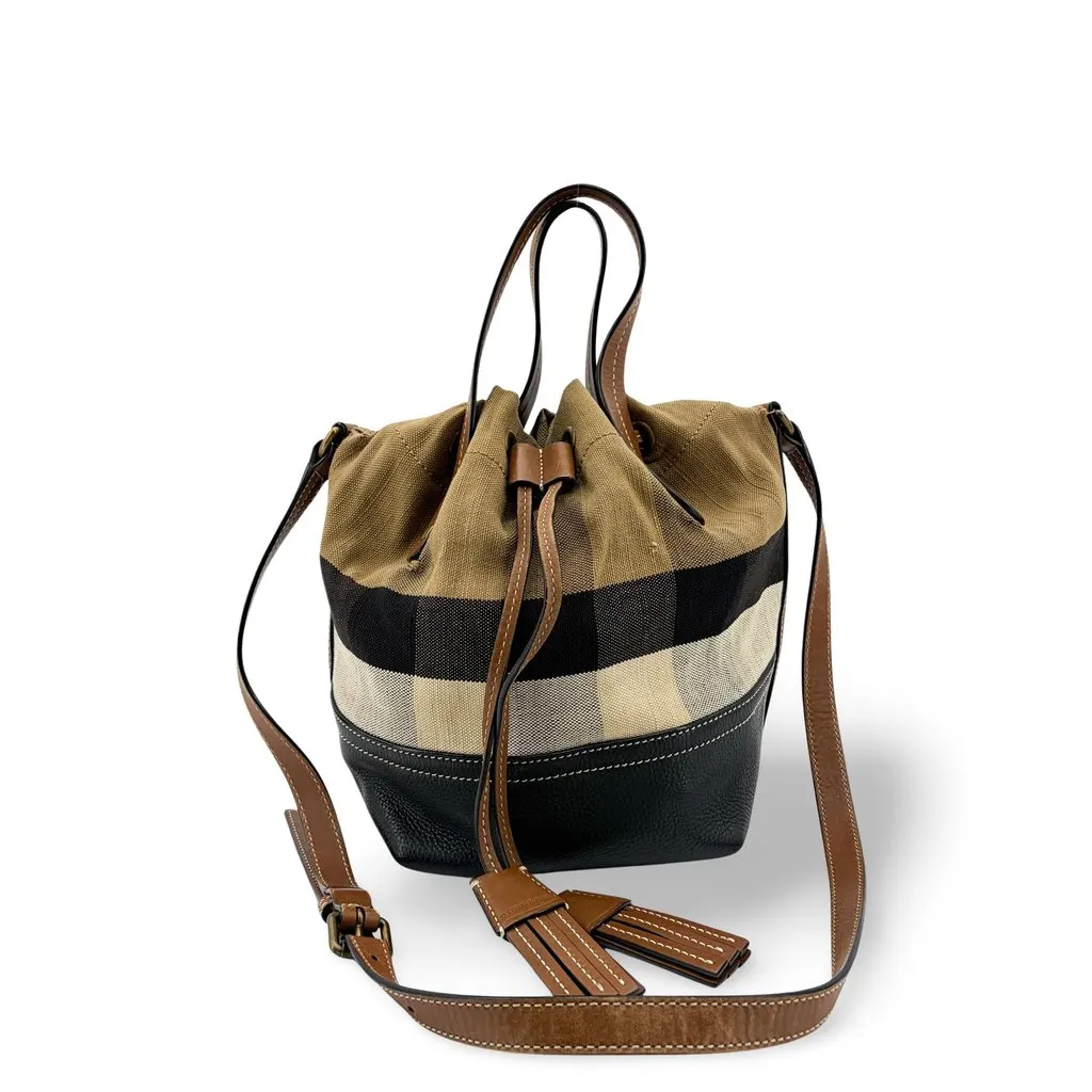Burberry Medium Ashby Canvas Check Bucket Bag Black Brown Beige Jute Fair - Front View