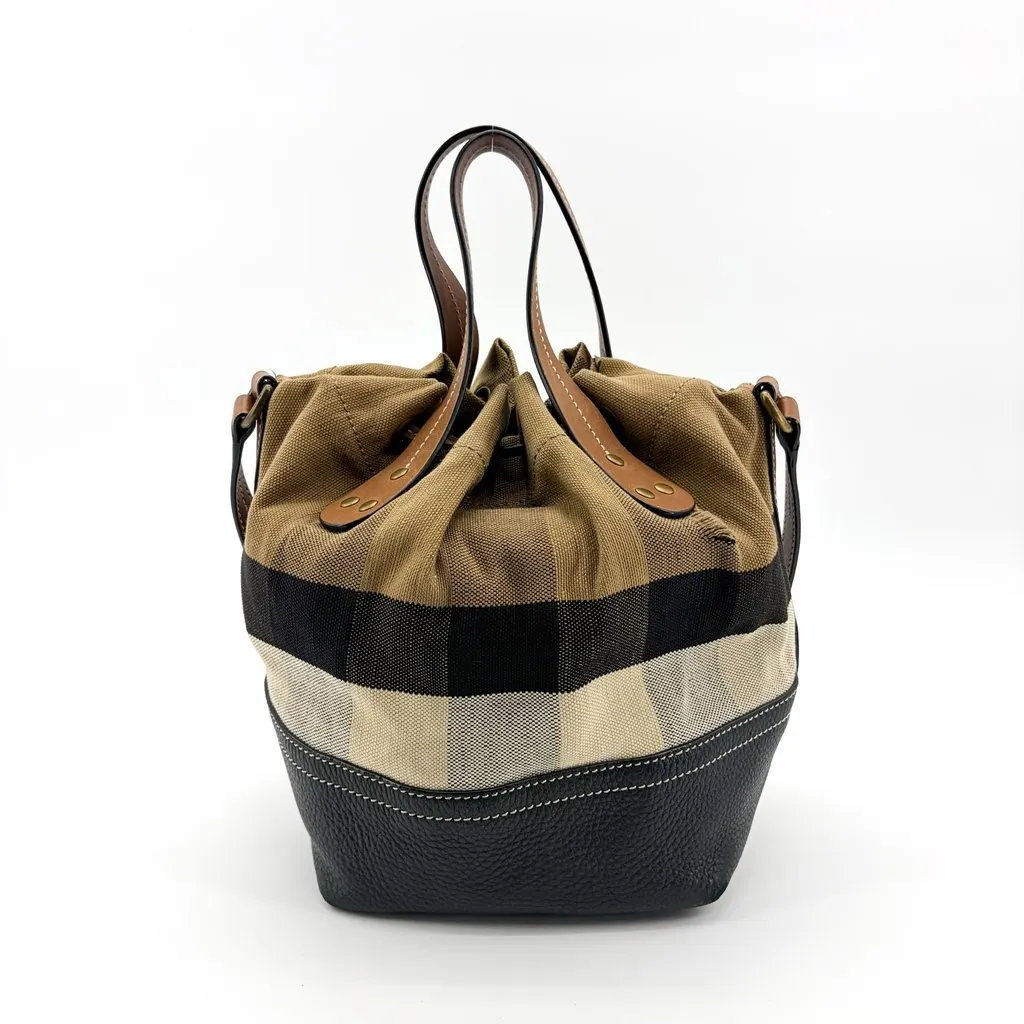 Burberry Medium Ashby Canvas Check Bucket Bag Black Brown Beige Jute Fair - Back View