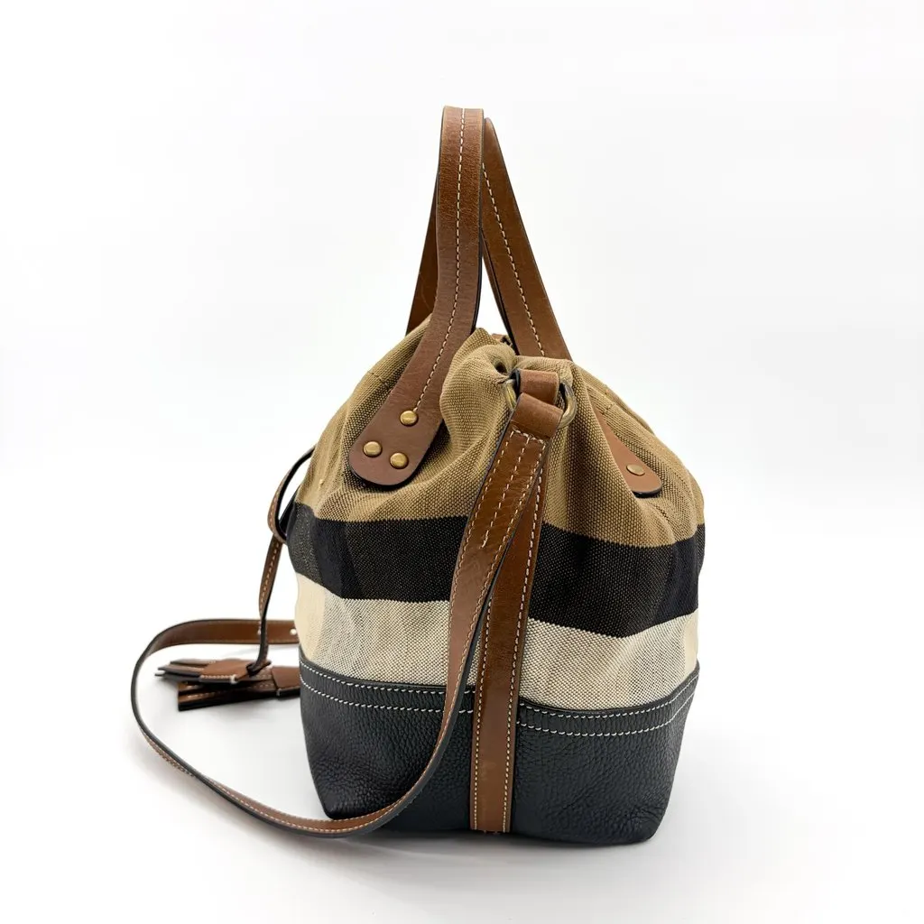 Burberry Medium Ashby Canvas Check Bucket Bag Black Brown Beige Jute Fair - Inside View